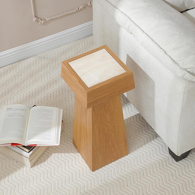 8.6-inch Marble Pedestal Side Table, Stone Finish Top Accent Drink Table for Living Room, Square Small End Coffee Counter, Full Assembly for Small Space Office - Oak