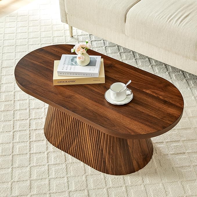 Fluted Coffee Table with Sturdy Tapered Base, Wood Oval Small Coffee Table, Mid Century Modern Center Table for Living Room Office (Walnut)