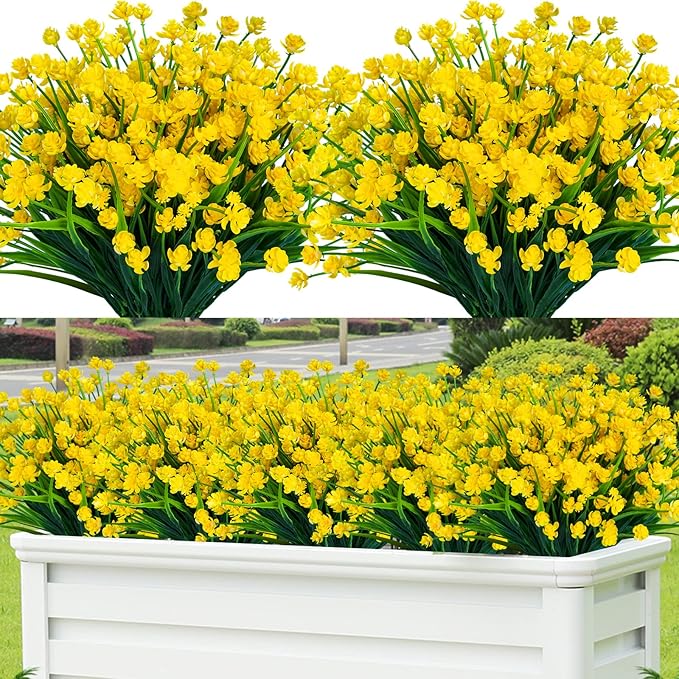 Lnoicy 20pcs Artificial Flowers for Outdoor,Plastic Flowers Decoration, UV Resistant Faux Flowers Shrubs, Artificial Plants for Indoor Outside Garden Home Wedding Farmhouse（Yellow）