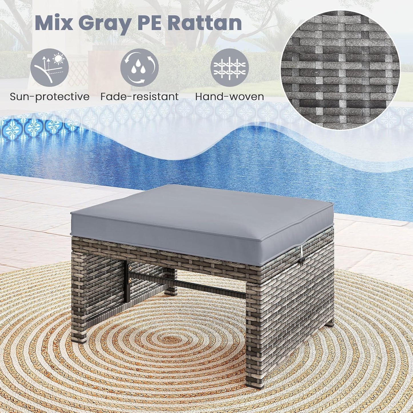 Tangkula 2 Pieces Patio PE Rattan Ottomans, Multipurpose Outdoor Footstool Footrest Additional Seating Side Table with Soft Zippered Cushions for Deck, Garden, and Yard (Gray)