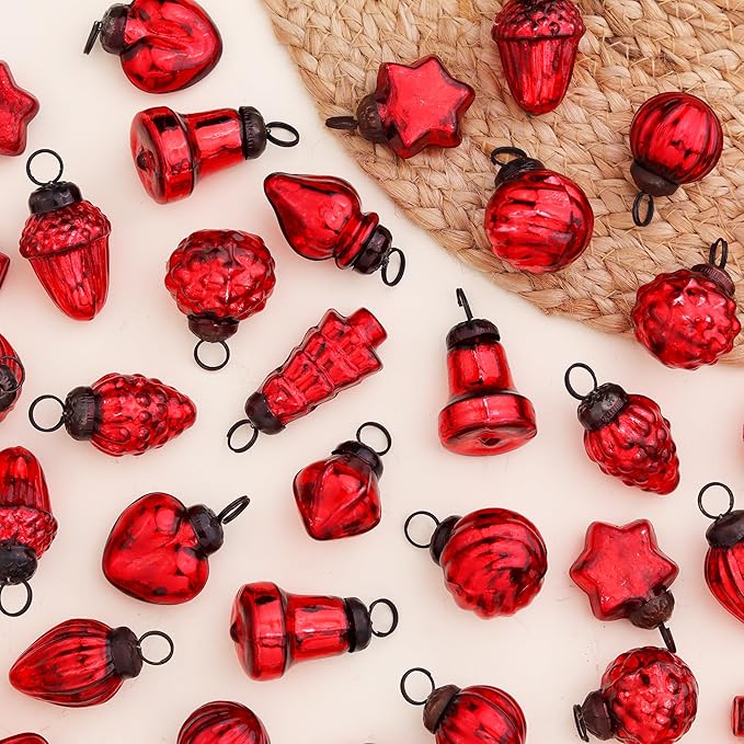IndianShelf 50 Pieces Red Glass Vintage Christmas Ornaments Mini Bulk Decorative Ornaments for Halloween, Christmas Tree, New Year, Valentine Day, Holidays, Event and Wedding (25 * 2 Boxes)