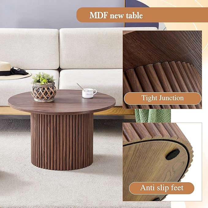 Small Round Coffee Table with Storage, 27.5IN Circle Wood Center Table Minimalist Fluted Coffee Table for Living Room (HT)