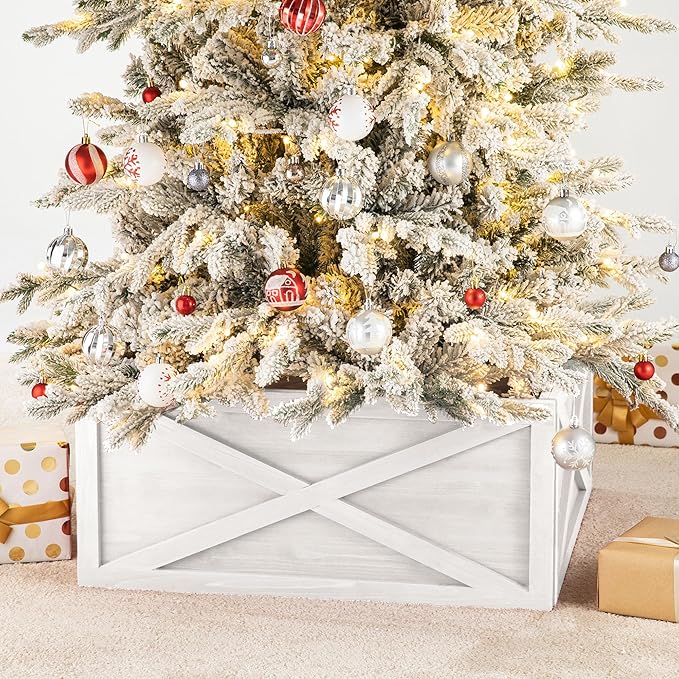 Glitzhome 22 inch Wooden Christmas Tree Collar Farmhouse Modern Stand Cover Skirt Base Box for 7.5/9 FT Artificial Xmas Holiday Decoration, Washed White