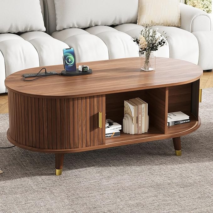 WILLIAMSPACE 42.5" Oval Coffee Table with Storage & Charging Station, Mid-Century Modern Center Table with Sliding Tambour Door, Farmhouse Tea Table with Solid Wood Legs for Living Room, Walnut
