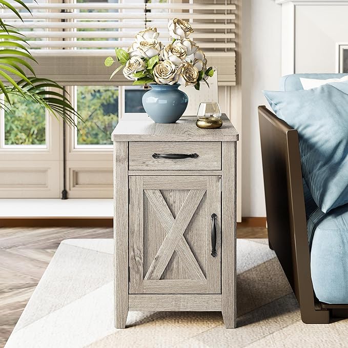 IRONCK End Table with Charging Station, Narrow Side Table for Living Room, Farmhouse Night Stand for Bedroom, Beside Table with Storage and Drawer for Home, Beige Maple