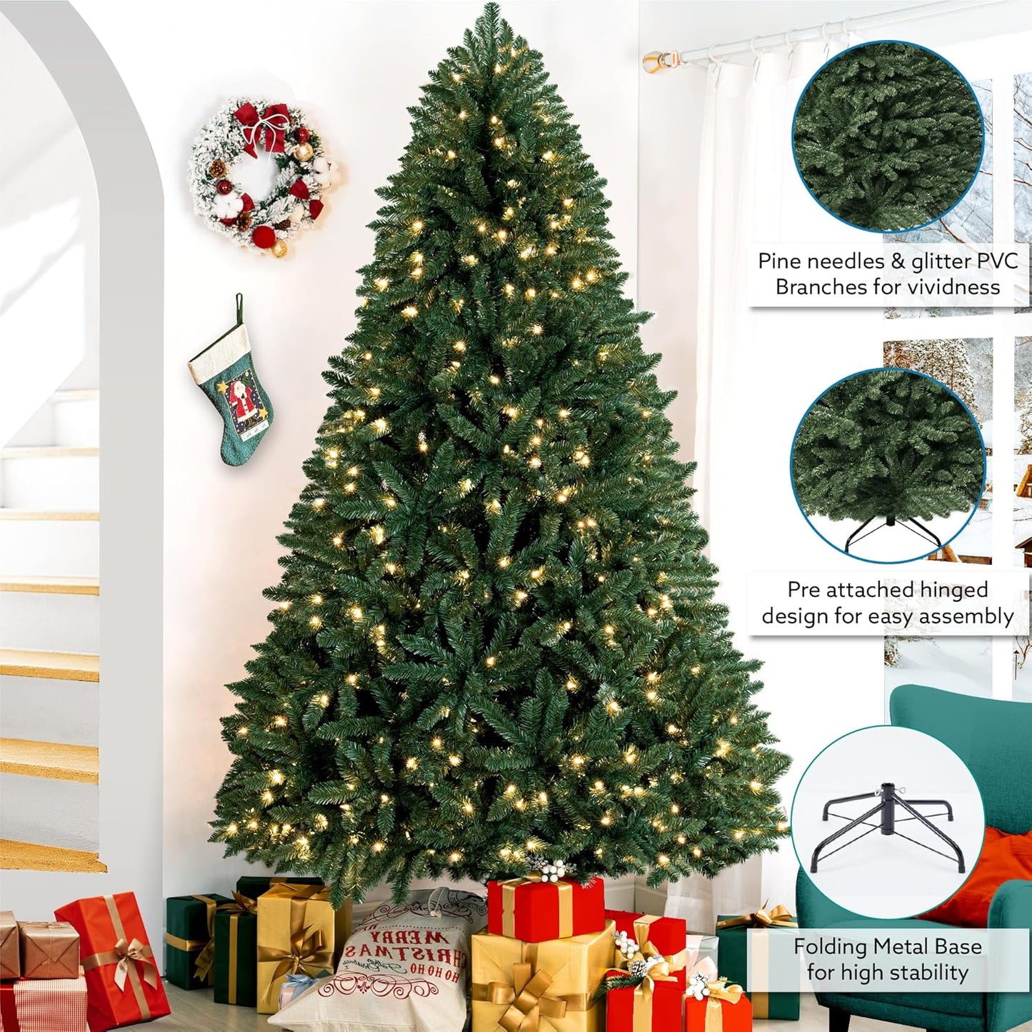 Prague 7.5ft Prelit Artificial Christmas Tree with Foot Pedal, 1717 Branch Tips, 550 Warm Lights and Metal Stand, 56" Wide Realistic Spruce Christmas Tree with Lights by Naomi Home
