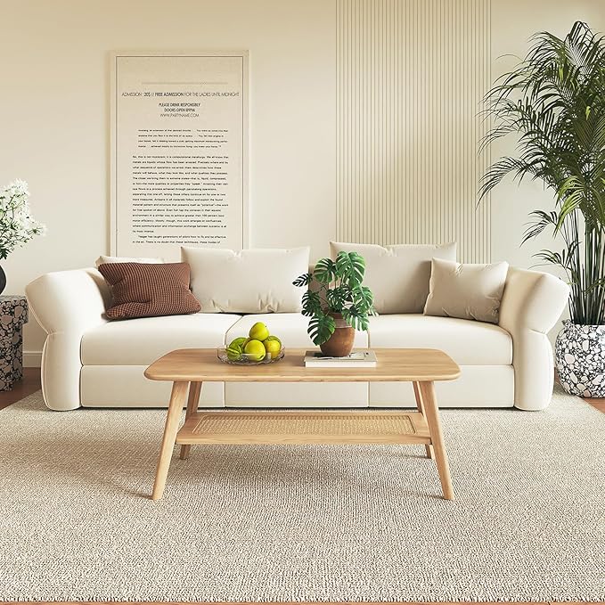 Coffee Table Small Solid Wood Center Table Mid Century Vintage Living Room Coffee Table, Original Rattan 47.24 Inch
