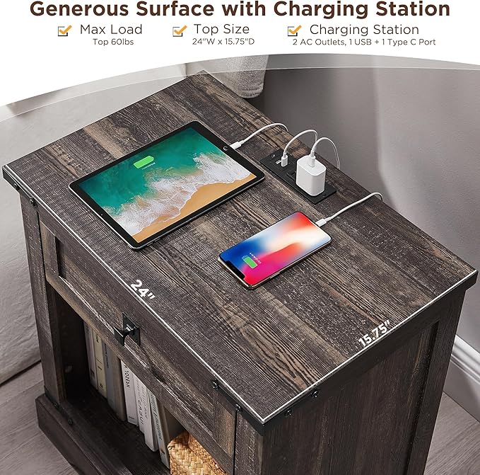 T4TREAM 24" Farmhouse Nightstand with Charging Station, Large End Table with Drawer and Open Storage Cabinet, Rustic Wood Bedside Table Sofa Table for Bedroom, Dark Rustic Oak