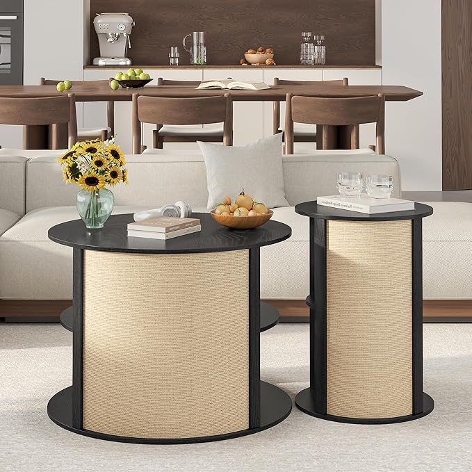 Black Round Coffee Table with Storage, 2-Tier Boho Wood Center Coffee Table with Adjustable Shelf, Sackcloth Finish, Farmhouse, Mid Century Modern, for Living Room, 27.5 Inches