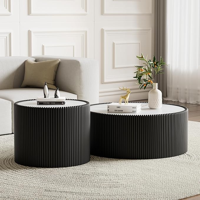 Round Living Room Table Set, 29.52" Black Drum Center Table and 17.71" Black Coffee Table Set, 2 Pieces Coffee Table Set with Sintered Stone Tabletop, Fluted PU Leather Covered and StableBase