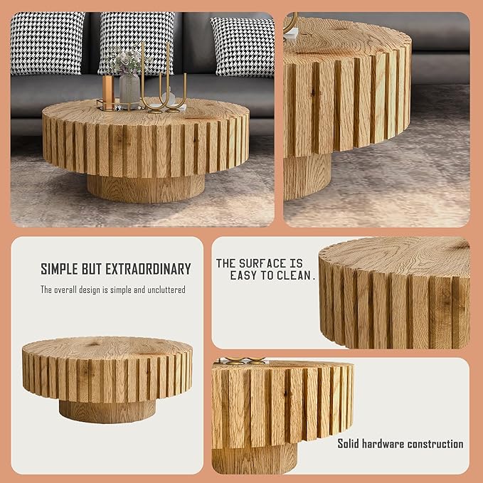 WILLIAMSPACE 31.4" Round Coffee Table for Living Room, Modern Wood Drum Center Table, Accent Side Tea Table for Apartment, Natural Wood Texture, Stable & Durable, Easy to Assemble - Natural