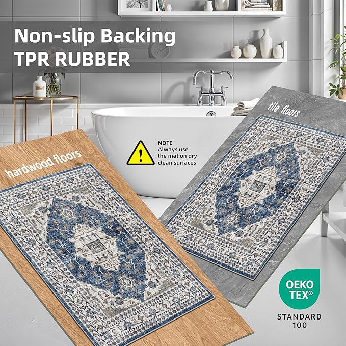 Kitchen Sink Rugs Set 0f 2: Washable Non-Slip Hardwood Floor Mat for Stove Dishwasher Fronts Soft Stain Resistant Carpet for Cooking Area & Fridge Boho Home Decor for High Traffic Area(2x3+2x4,Blue)