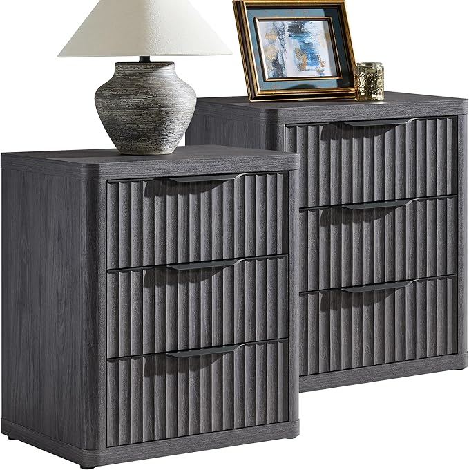 SICOTAS Night Stand Set of 2 Nightstands with 3 Drawers Storage Bedside Table Large Fluted Bed Side End Table Modern 25.6" Tall Wide Night Stands for Bedroom Living Room Sofa Couch Office