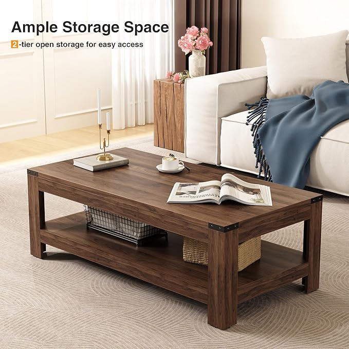 Farmhouse Coffee Table, Modern Rustic Wooden Center Table with Storage, Living Room Tables, 2-Tier Industrial Cocktail Tea Table for Living Room (Walnut, 47.2 in)