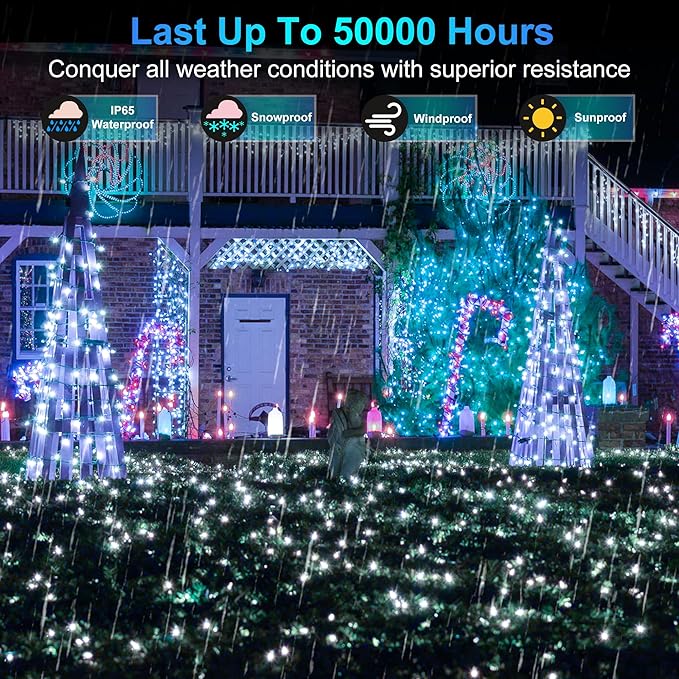 300LED Christmas Lights Indoor Outdoor Use Green Wire, 8 Lighting Modes 100FT Christmas Tree Lights with Timer & Memory, IP44 Waterproof for Tree Xmas Patio Yard Fence Balcony Garden Cool White