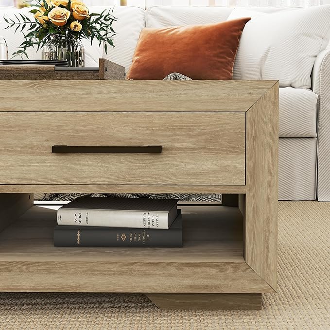 48" Coffee Table with 4 Storage Drawers and Open Shelf, Metal Handles, Solid Rectangular Modern Luxury Farmhouse Table for Living Room, Home Office, Natural
