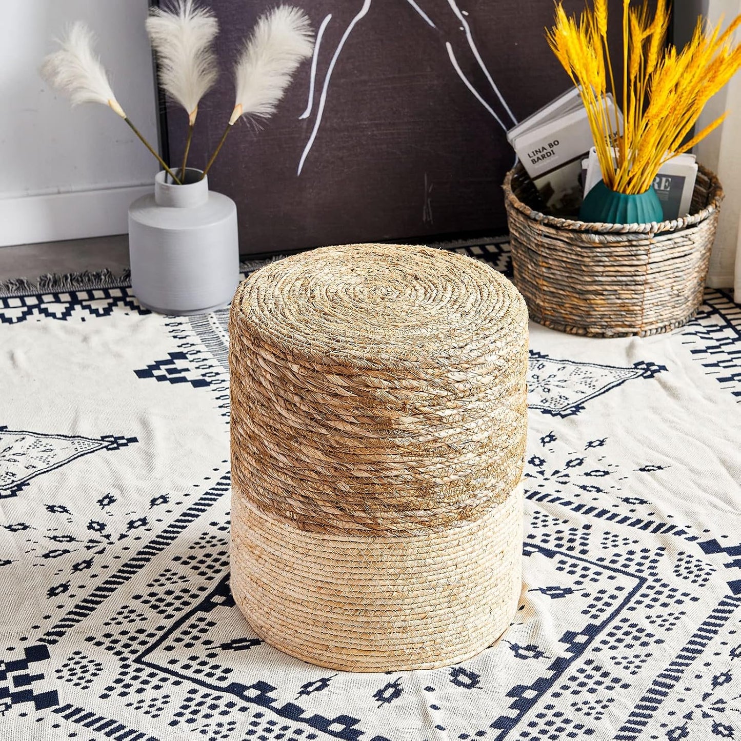 Cplxroc Pouf Ottoman, 100% Handwoven Seagrass Braided Pouffe, Boho Decor Floor Chair for Couch or Desk, Outdoor Ottomans for Garden, Round Footrest with Wood Frame, Home Decorative Seat for Balcony