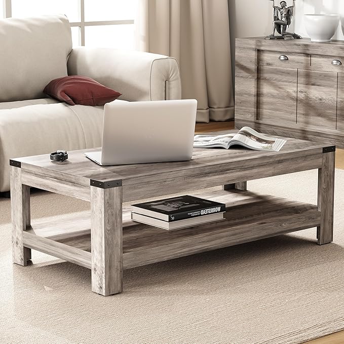 Farmhouse Coffee Table, Modern Rustic Wooden Center Table with Storage, Living Room Tables, 2-Tier Industrial Cocktail Tea Table for Living Room (Wash Gray, 47.2 in)