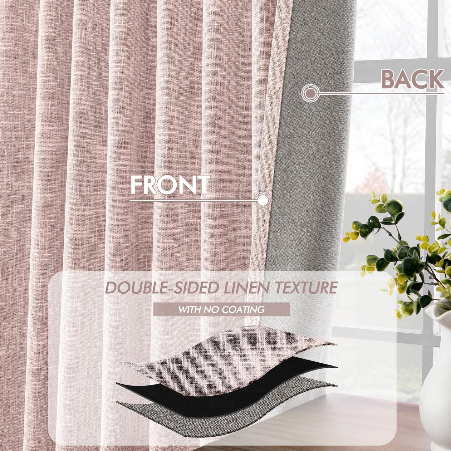MIULEE Baby Pink 100% Blackout Linen Curtain 102 Inch 2 Panel Set Double Sided No Coating Pinch Pleated Back Tab Floor to Ceiling Black out Thermal Insulated Bedroom Living Room Darkening Window Drape
