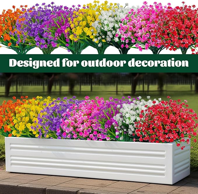 Lnoicy 20pcs Artificial Flowers for Outdoor,Plastic Flowers Decoration, UV Resistant Faux Flowers Shrubs, Artificial Plants for Indoor Outside Garden Home Wedding Farmhouse(7 Colors)