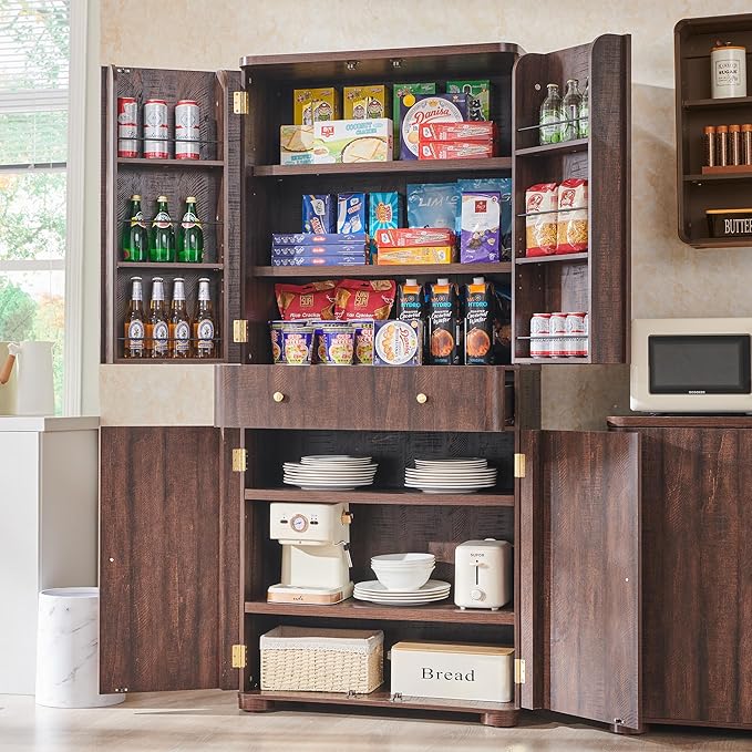 71" Tall Kitchen Pantry, Modern Curved Pantry Storage Cabinet with 4 Doors and 6 Adjustable Shelves, Cupboard for Kitchen, Dining Room, Living Room and Bathroom, Brown