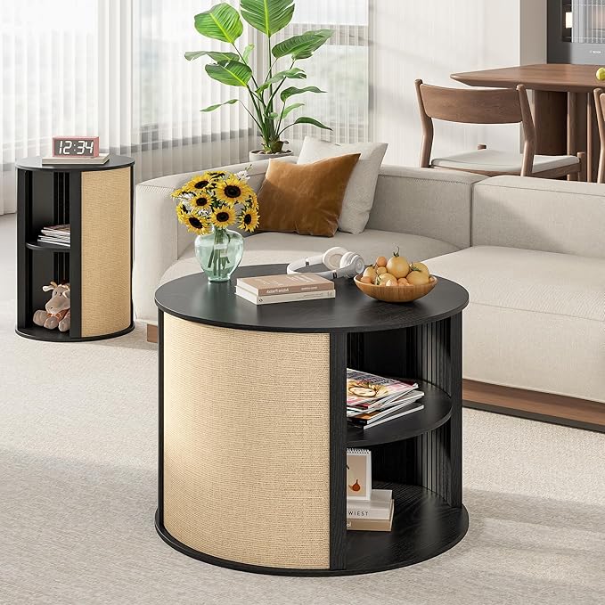 Black Round Coffee Table with Storage, 2-Tier Boho Wood Center Coffee Table with Adjustable Shelf, Sackcloth Finish, Farmhouse, Mid Century Modern, for Living Room, 27.5 Inches