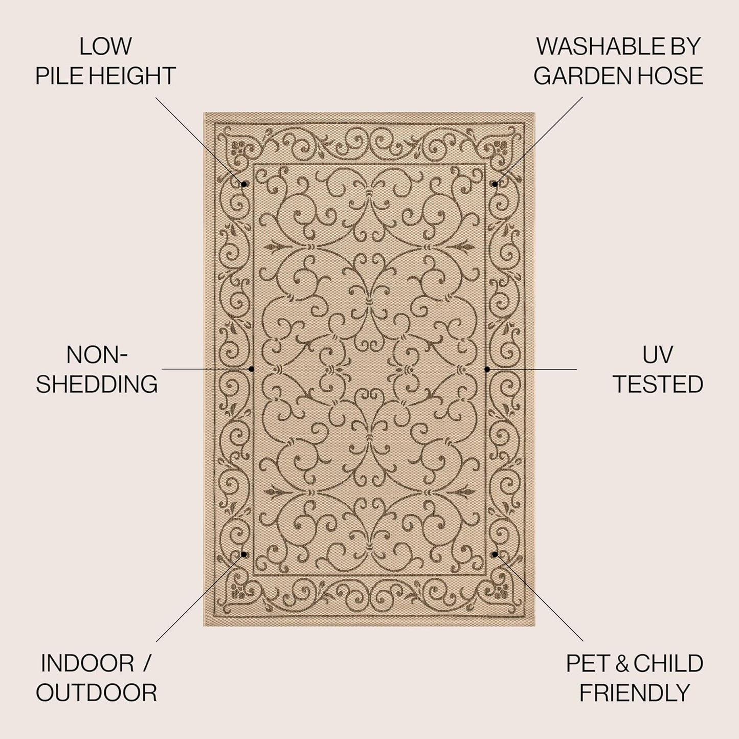 JONATHAN Y Vintage Filigree Indoor Outdoor Square Area Rug 6X6 Beige/Brown, Charleston Textured Weave for Backyard, Patio, Porch, Easy-Cleaning, High Traffic, Pet-Friendly, Non-Shedding (SMB106A-6SQ)