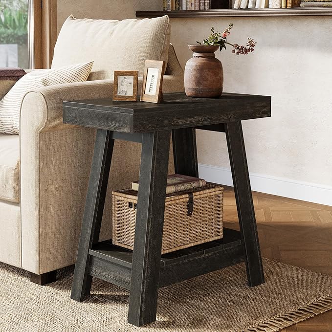 Tribesigns 2-Tier Wooden End Table, Farmhouse Small Sofa Side Table with Storage, Slim Narrow Nightstand for Living Room, Bedroom, Small Spaces, Rustic Grey