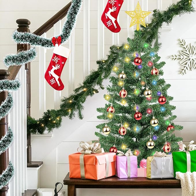 3 Ft Premium Green Christmas Tree 12 Modes Dual Color Change Timer DIY 50 Warm White & Multicolor Lights Star 15 Ball Ornaments Battery Operated Small Artificial Full Xmas Tree Table Home Indoor