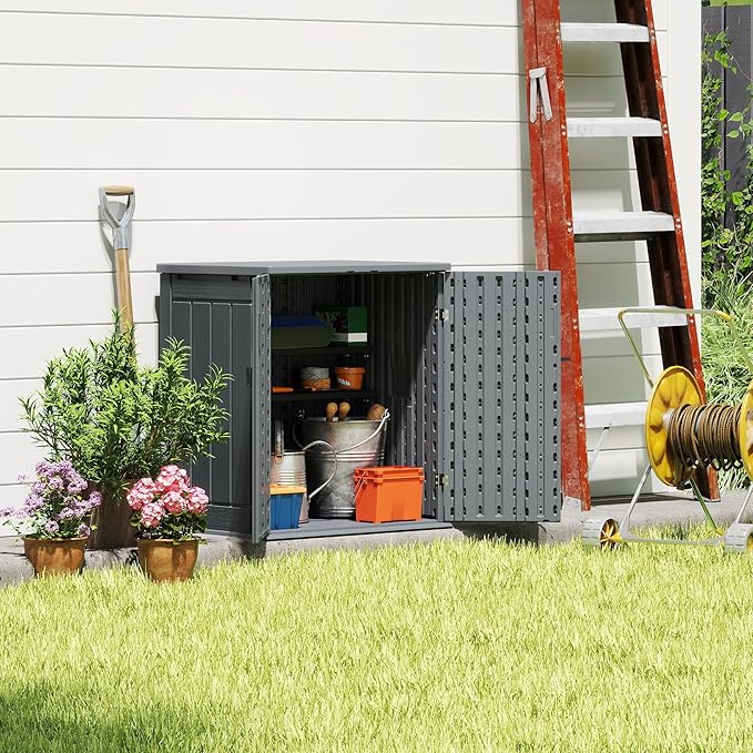 EHHLY Heavy Duty Small Storage Cabinet Outdoor Weatherproof, 14 Cuft Garage Storage Cabinet with 2 Adjustable Shelves, Lockable Kitchen Pantry Closer Organizer, 31Wx23Lx34H, Sage Grey