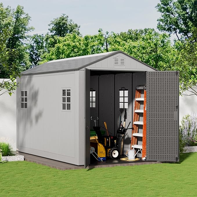 6x11 FT Storage Shed with Floor,HDPE Resin Outdoor Storage Shed Weather Resistant,Lockable Garden Sheds with Windows for Home/Garden Tools/Backyard/Lawn Mower/Bike Storage(Gray)