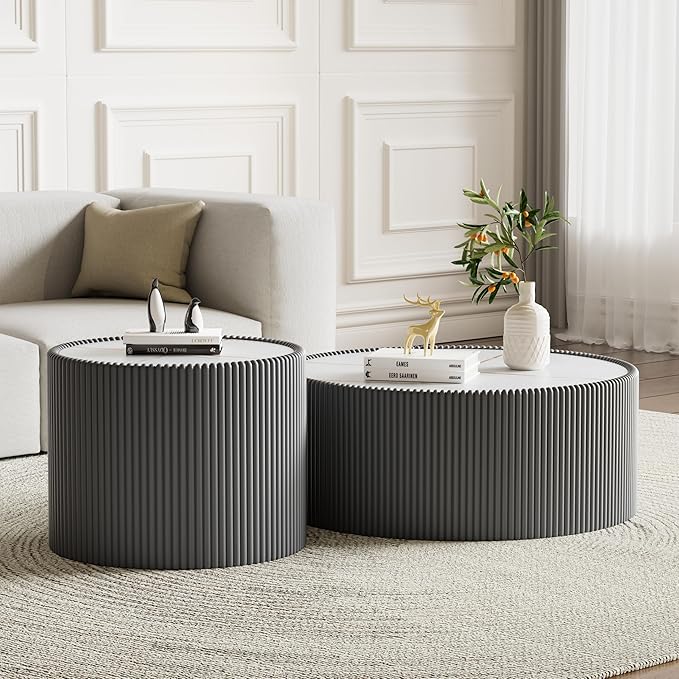 Round Living Room Table Set, 29.52" Grey Drum Center Table and 17.71" Grey Coffee Table Set, 2 Pieces Coffee Table Set with Sintered Stone Tabletop,Fluted PU Leather Covered and StableBase