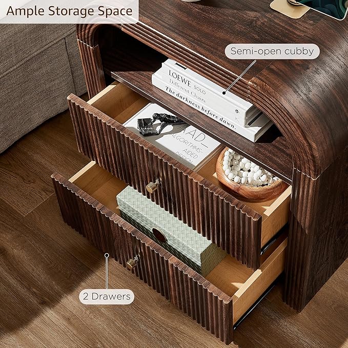 T4TREAM Fluted Nightstand with Charging Station, 24" Large 2 Drawers Bedside Table, Modern End Table with Storage Night Stand for Bedroom, Living Room, Round Curved Corner Design, Dark Walnut