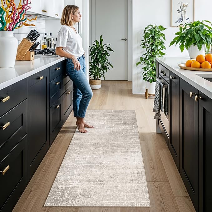 Washable 2x6 Hallway Runner Rug: Abstract Soft Entryway Doormat Water-Resistan Bathroom Kitchen Carpet with Non-Slip Backing Modern Living Room Bedroom Dining Room Decorative Carpet（2x6,Beige/Cream）
