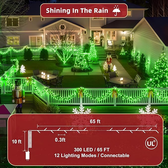 300LED 75FT Christmas Lights Indoor, LED Christmas Tree Decoration Lights with 12 Modes & Timer Memory, Dimmable Plug in Waterproof LED Xmas Light for Yard Trees Wedding Party Holiday Green