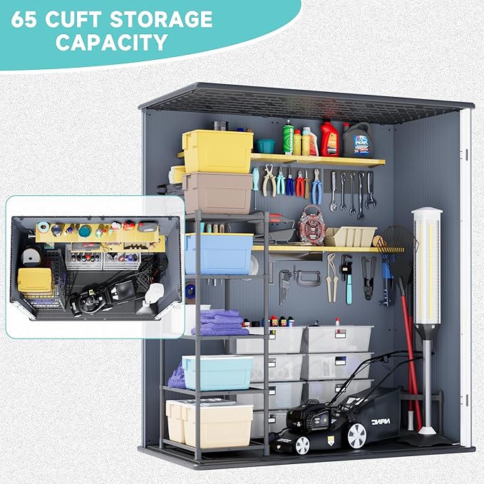 Greesum 5X3FT Plastic Storage Shed with Floor, Resin Outdoor Storaged Sheds with Lockable Door, All-Weather Tool Sheds for Garden, Backyard, Patio, Dark Gray (4.7×2.5FT)