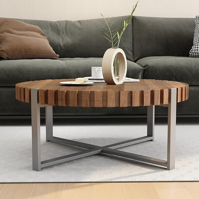 Modern Wood Round Coffee Table for Living Room, Farmhouse 31.5" Modern Compact Coffee Table, Wood Gear Table Top with Cross Metal Base, Drum Center Table for Living Room Apartment, Walnut