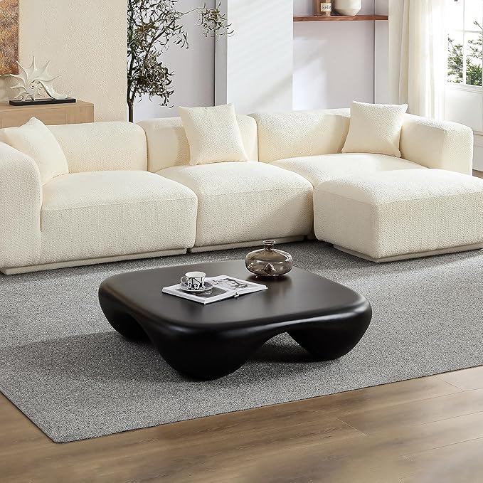 Cloud Square Modern Coffee Table, Heavy Duty Low Profile End Table with Stable 4-Leg Base and Strong Tempered Glass Top, Cream Style Sofa Side Table (Black Matte)