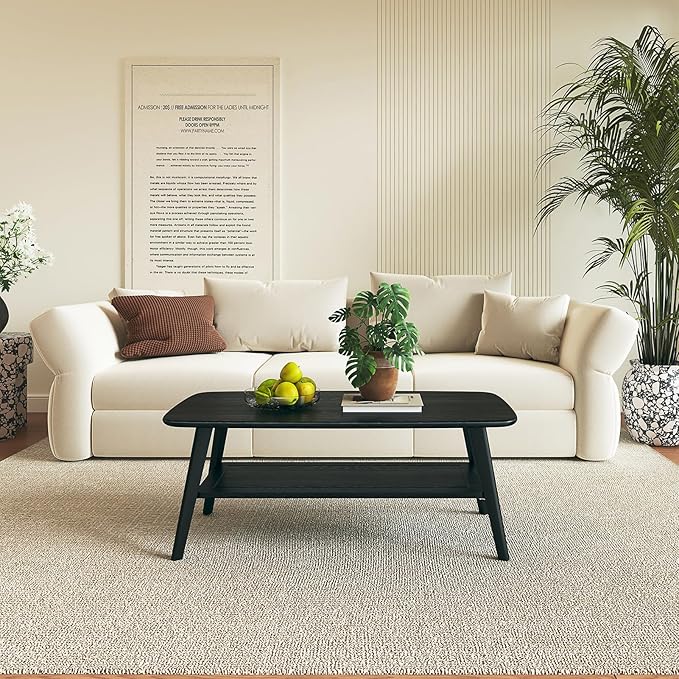 Coffee Table Small Solid Wood Center Table Mid Century Vintage Living Room Coffee Table, Black 39.37 Inch