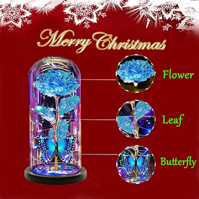 Christmas Flowers Gifts for her Women Mom Wife,Womens Gifts for Christmas, Rose Flowers Gift Light Up Rose in Glass Dome,Birthday Gifts for Woman Blue
