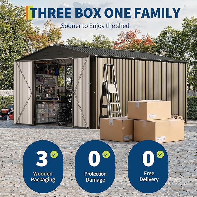 GarveeLife 10 x 12 FT Metal Storage Shed for Outdoor with Floor Frame&Clear Window,Steel Yard Shed with Design of Lockable Doors, Utility and Tool Storage for Garden, Backyard, Patio, Outside, Brown