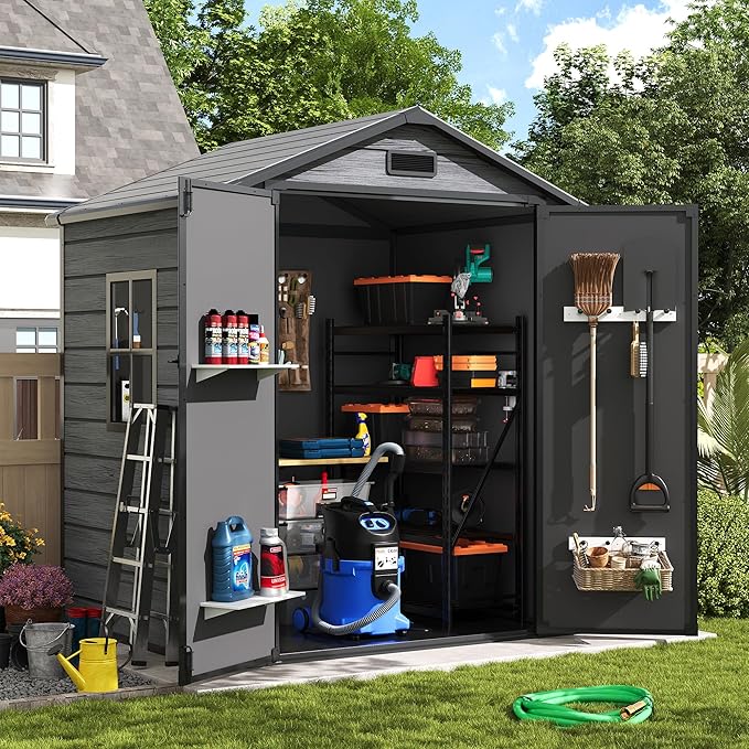 Amopatio Outdoor Storage Shed with Floor,6x4.5 FT Lockable Plastic Tool Shed with Ventilation,Waterproof Resin Garden Sheds for Backyard,Patio,Lawn and Bike Dark Grey