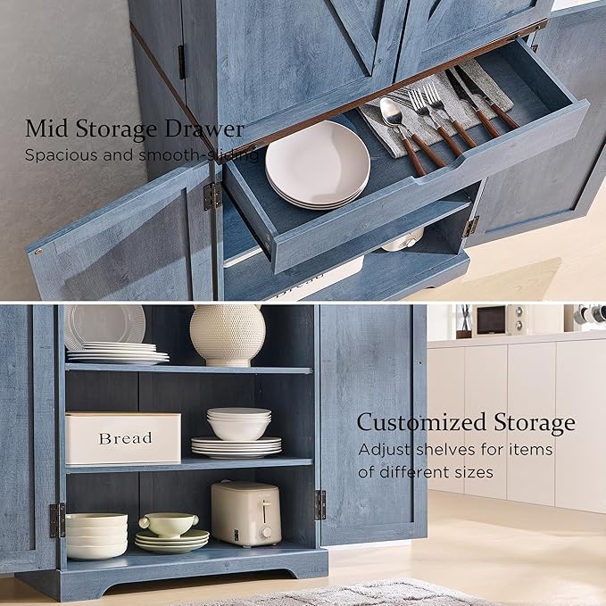 ACCOHOHO 72" Tall Kitchen Pantry, Farmhouse Storage Cabinet with Barn Doors, Organizer, Drawer and Adjustable Shelves, Rustic Wood Cupboard for Kitchen, Dining Room, Bathroom and Hallway, Rustic Blue