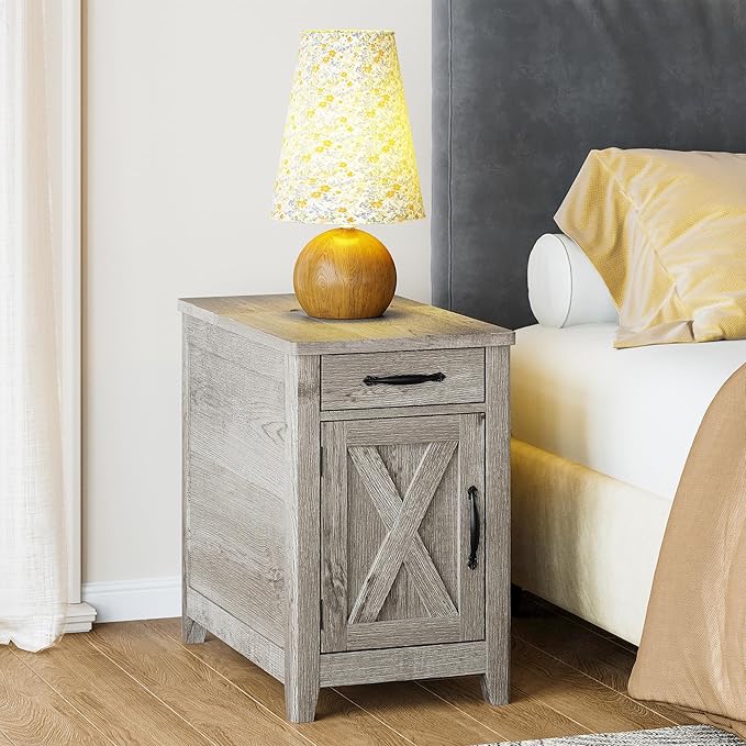 IRONCK End Table with Charging Station, Narrow Side Table for Living Room, Farmhouse Night Stand for Bedroom, Beside Table with Storage and Drawer for Home, Beige Maple