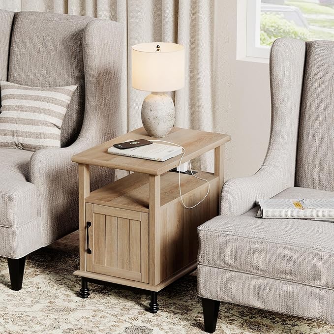 WAMPAT End Side with Charging Station, Narrow Side Table Nightstand with Storage Cabinet, Wooden Bedside Table with Metal Legs, Night Stand for Bedroom, Oak