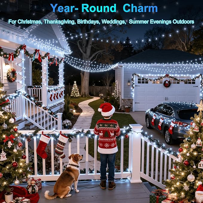 350LED 90FT Christmas Lights Indoor Outdoor, 12 Modes Cool White Outdoor String Lights with Timer & Dimmable, Green Wire Christmas String Lights for Tree Patio Yard Fence Bedroom Wedding Garden Decor