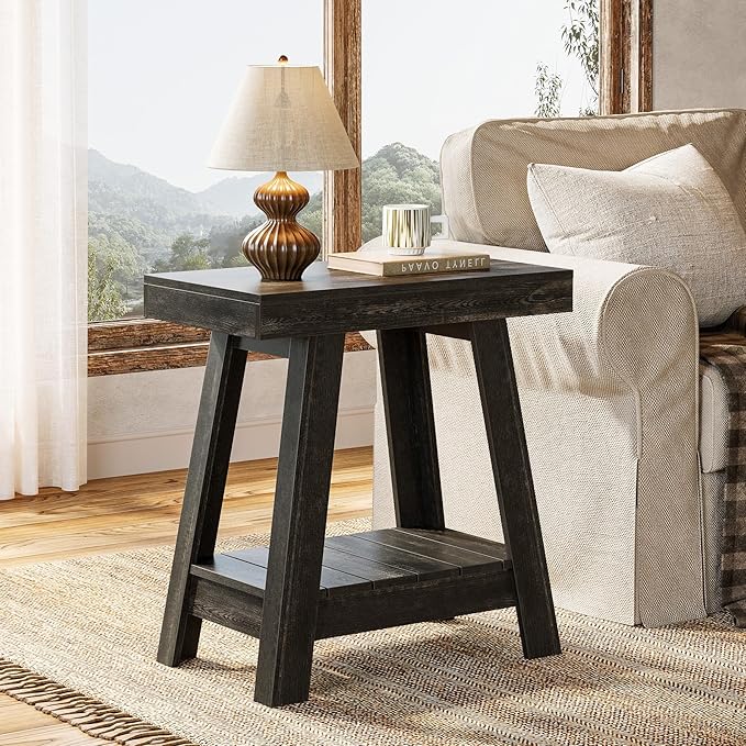 Tribesigns 2-Tier Wooden End Table, Farmhouse Small Sofa Side Table with Storage, Slim Narrow Nightstand for Living Room, Bedroom, Small Spaces, Rustic Grey