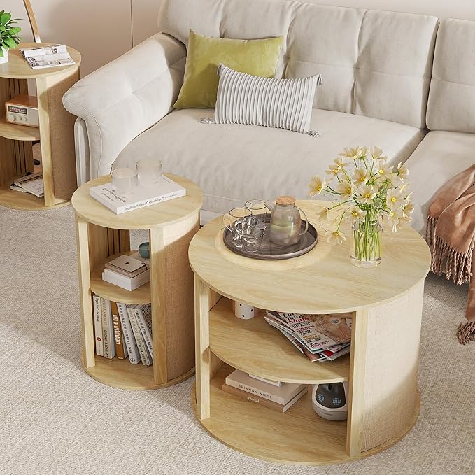 Wood Round Coffee Table Set, 2-Tier Farmhouse Center Coffee Table and End Table Sets of 2 with Adjustable Shelf, Sackcloth Finish, Boho, for Living Room, 27.5 Inches, Nature