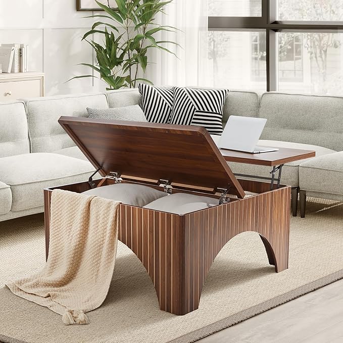 39'' Square Coffee Table with Storage, Farmhouse Lift Top Coffee Table for Living Room Fluted Wood Center Table Arched Dining Table with 2 Hidden Storage Compartment (Walnut)