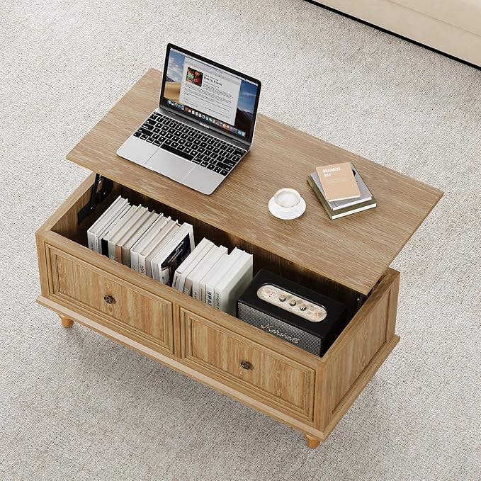 Lift Top Coffee Table with Storage, 39" Wood Rectangular Center Table with Lifting Top, Sturdy Space-Saving Dining Table for Living Room Home Office Small Space (Natural)